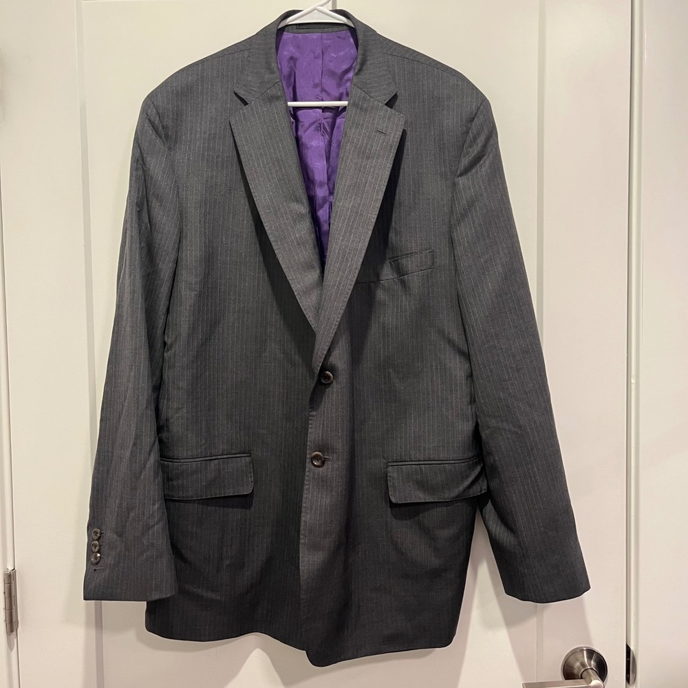 Tailored Mens Charcoal Grey Pinstripe Herringbone Blazer Jacket Purple Lining